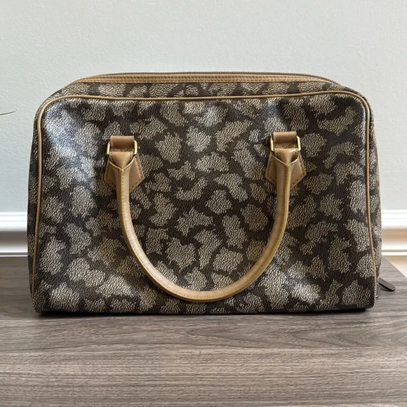 Vintage YSL Giraffe Print Boston Bag Brown MochaCanvas Leather Trim Luxury
